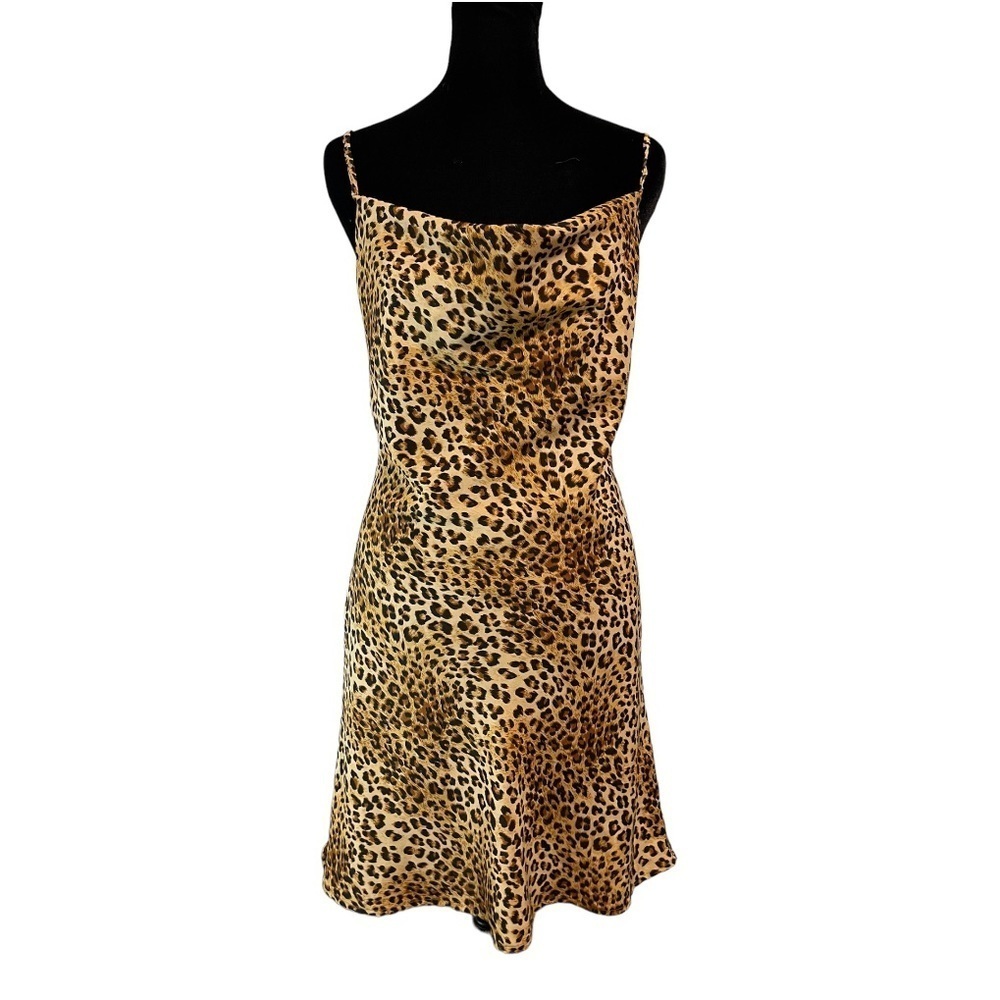 Stella Laguna Beach Satin Cowl Neck Leopard Animal Print Slip On Dress Size Med.
